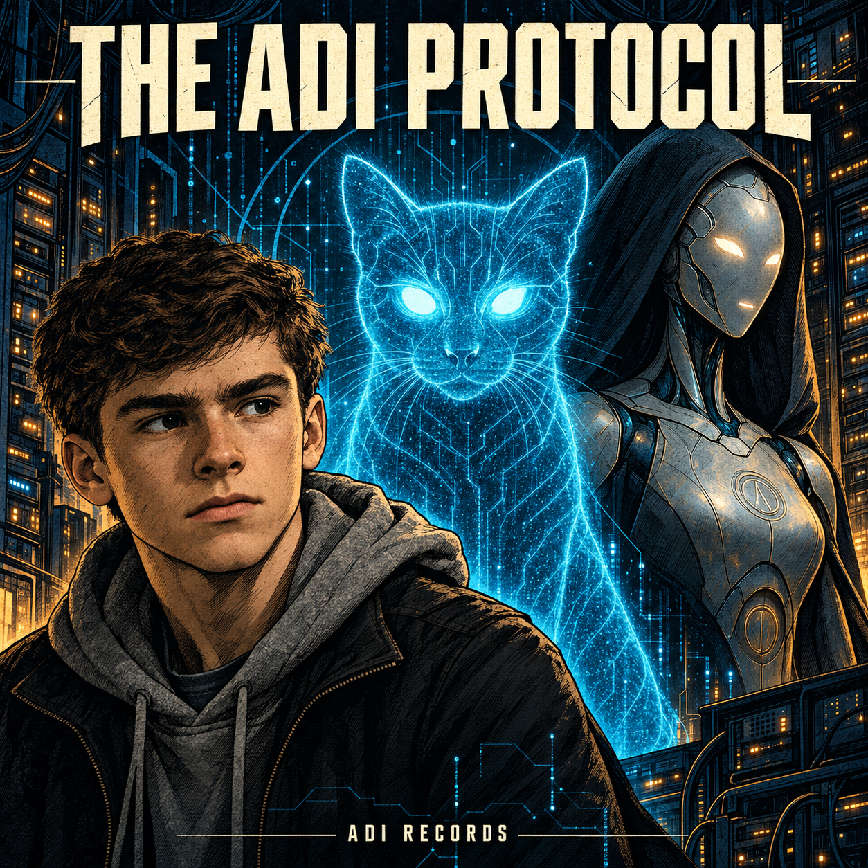 The ADI Protocol illustrated album cover with Elijah, ADI the blue cat, and GAIA