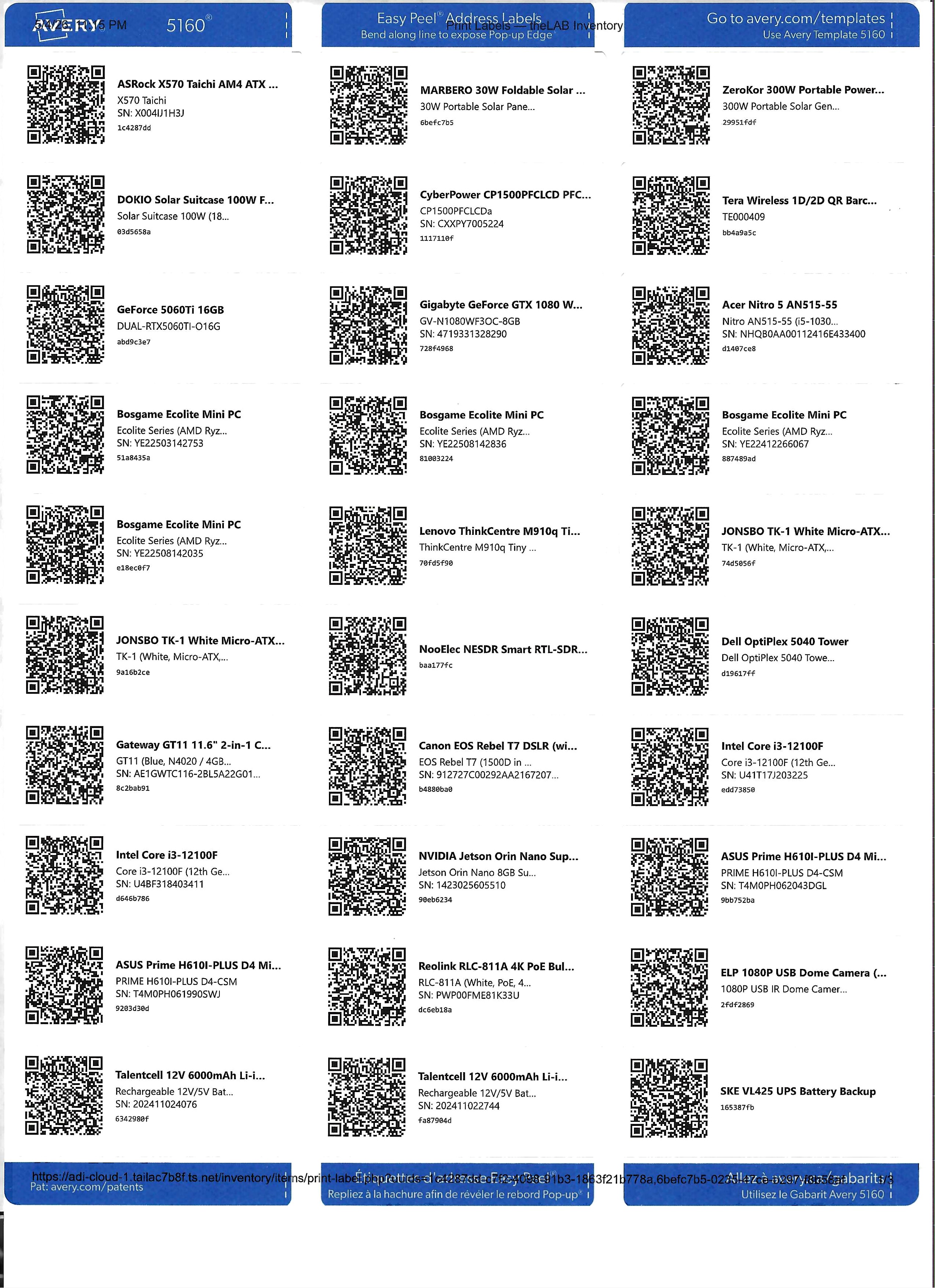 A printed Avery 5160 sheet of QR labels generated by theLAB Inventory: thirty labels arranged in a three-column ten-row grid, each carrying a QR code, item name, model description, serial number where present, and a short barcode hex — covering motherboards, GPUs, mini PCs, solar panels, power stations, cameras, and battery banks