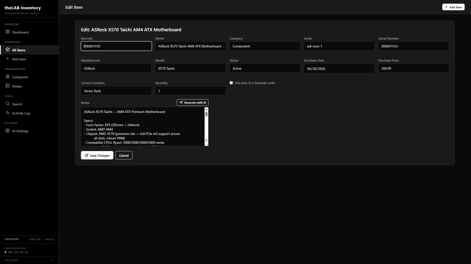theLAB Inventory edit form showing all fields: barcode, name, category, node, serial number, manufacturer, model, status, purchase date, purchase price, current location, quantity, a homelab node checkbox, and a notes textarea with a Generate with AI button