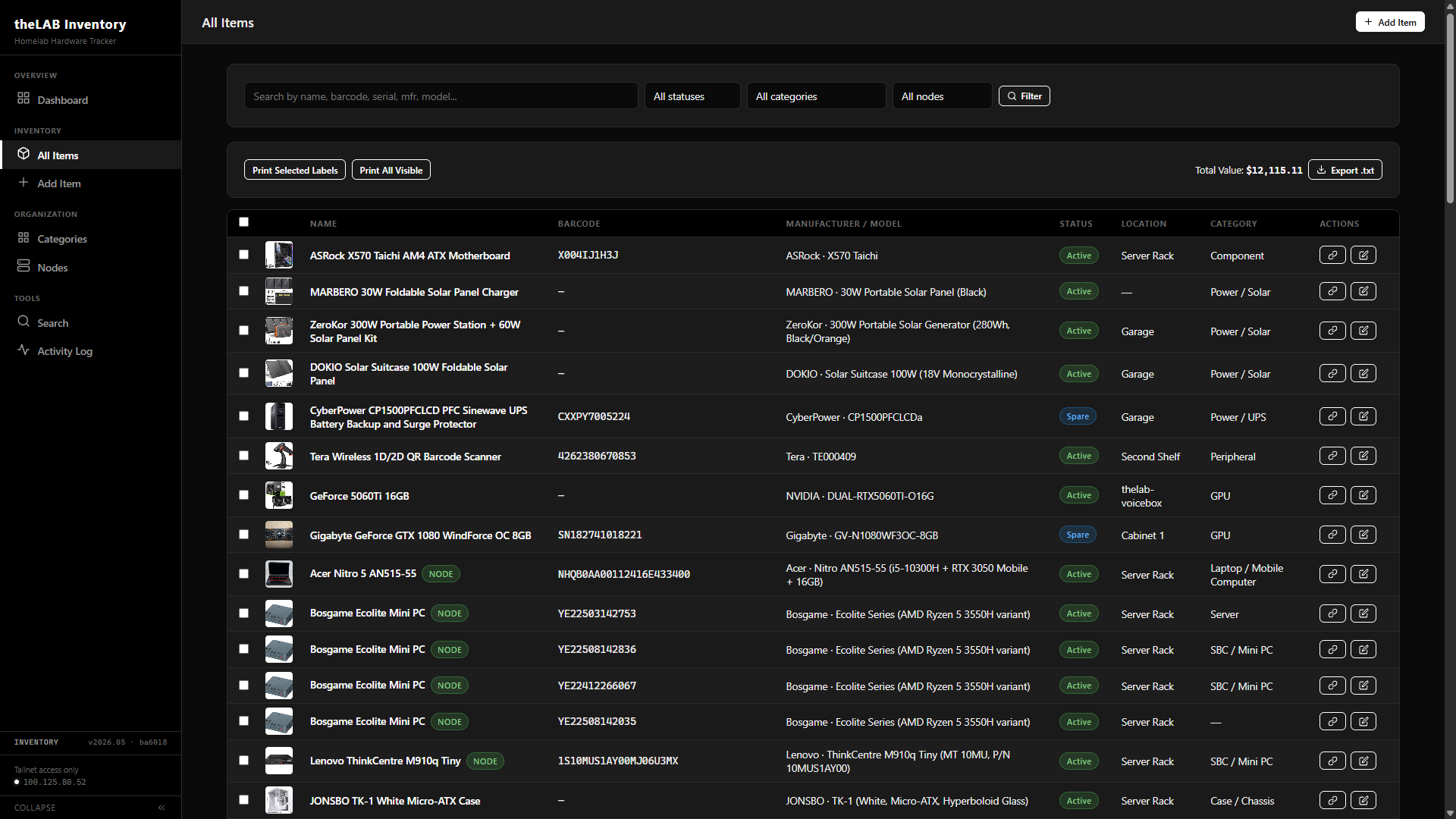 theLAB Inventory All Items view showing the master catalog: search bar with status, category, and node filters; total value of $12,115.11; and a table of items with thumbnail, name, barcode, manufacturer/model, status badge, location, category, and per-row action buttons