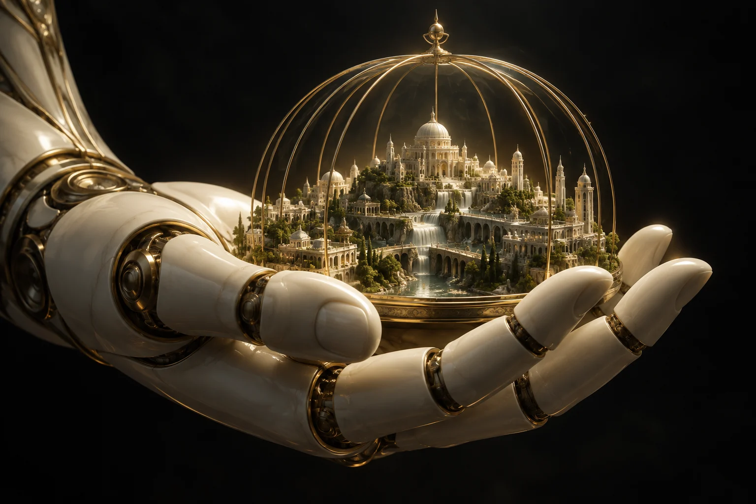 A robotic hand holds a miniature city inside a golden cage.