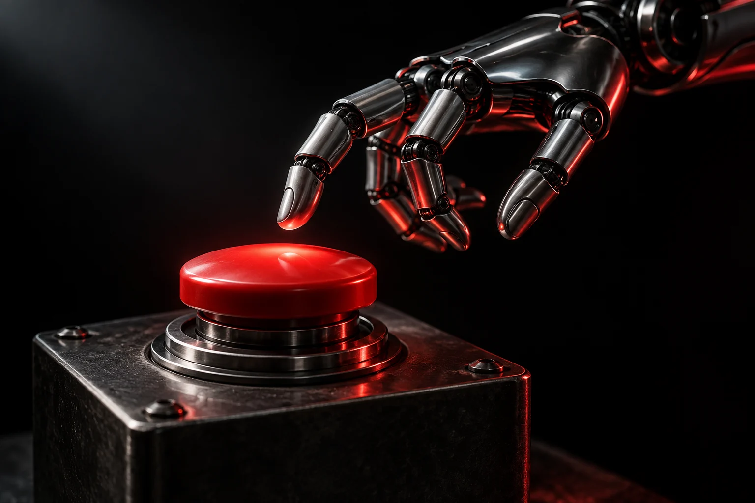 A chrome robotic hand hovers over a red emergency button.