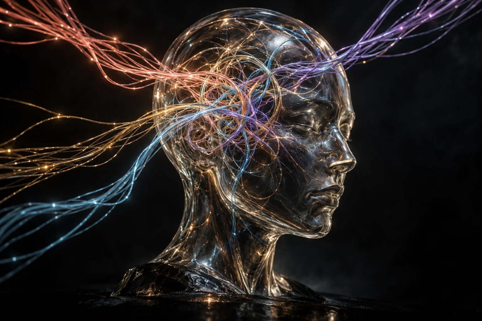 Colored threads knot together inside a translucent glass head.